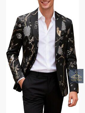 Mens Floral Jacquard One Button Slim Fit Suit Blazer Jacket